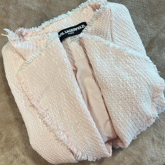 Karl Lagerfeld Open Front Blazer Tweed Pink 100% Cotton Shell Women's Size XS  ! - Picture 5 of 5